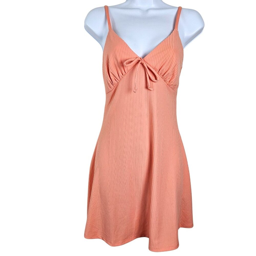 Forever 21 Womens Small Peach Ribbed Mini Dress Adj Straps Tie Front Detail